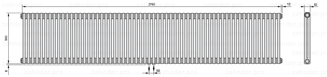 Схема (чертеж) Радиатор Zehnder Charleston 2090/60 №3470 Белый глянцевый RAL 9016